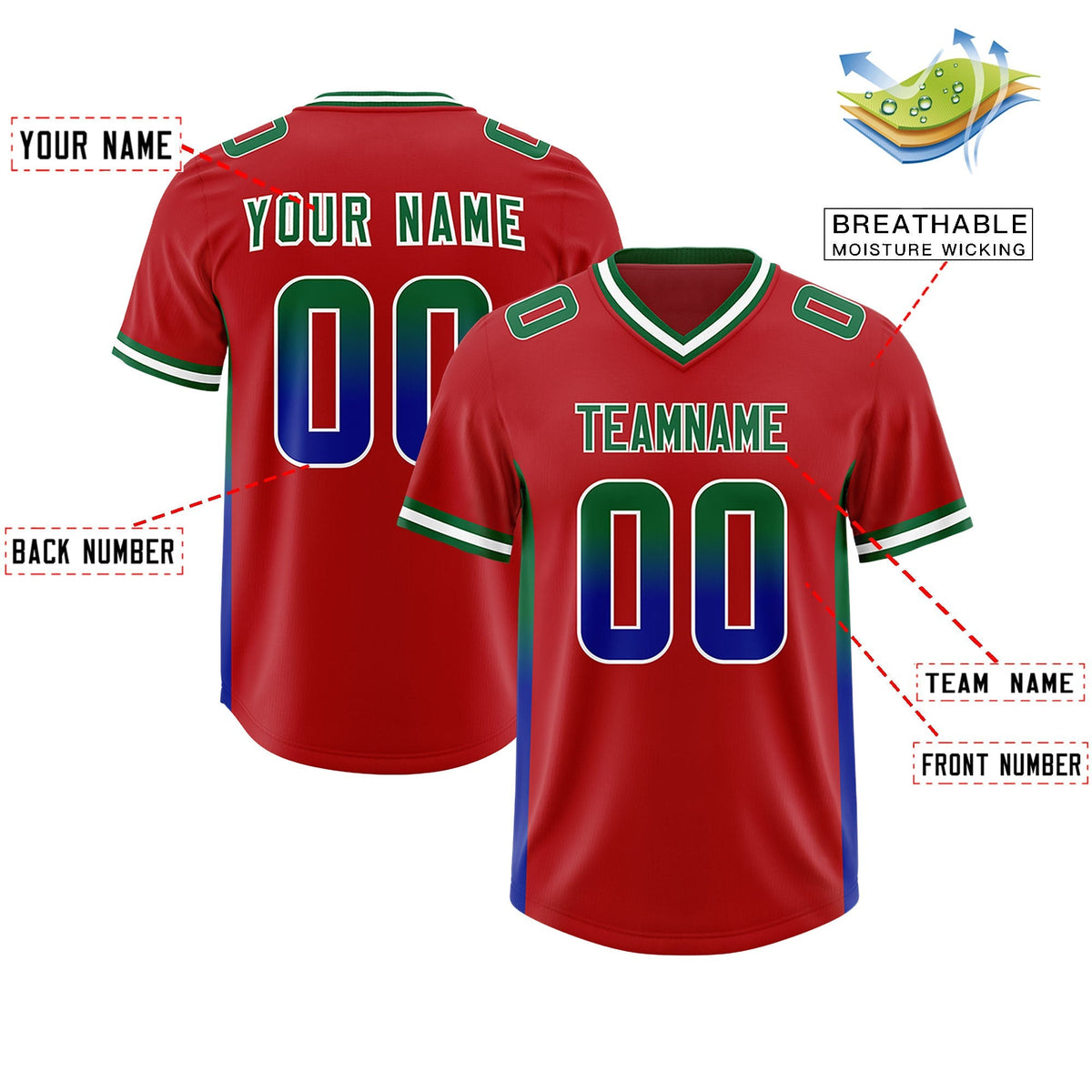 Custom Red Kelly Green and Royal Sides Gradient Fashion Personalized Team American Football Jersey