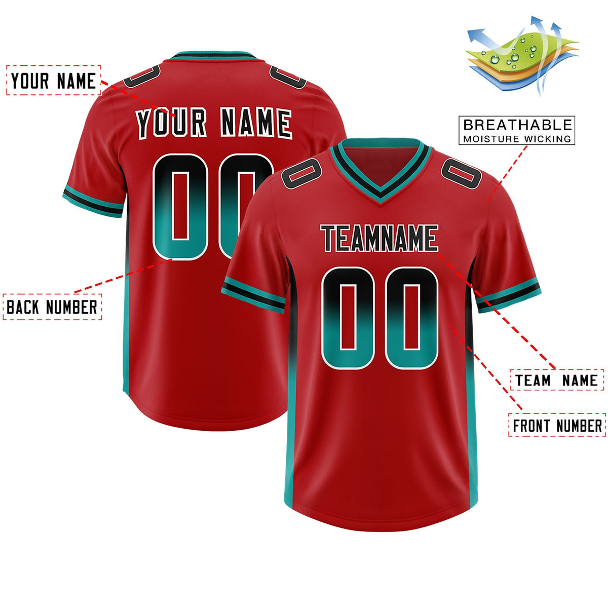 Custom Red Black and Aqua Sides Gradient Fashion Personalized Team American Football Jersey