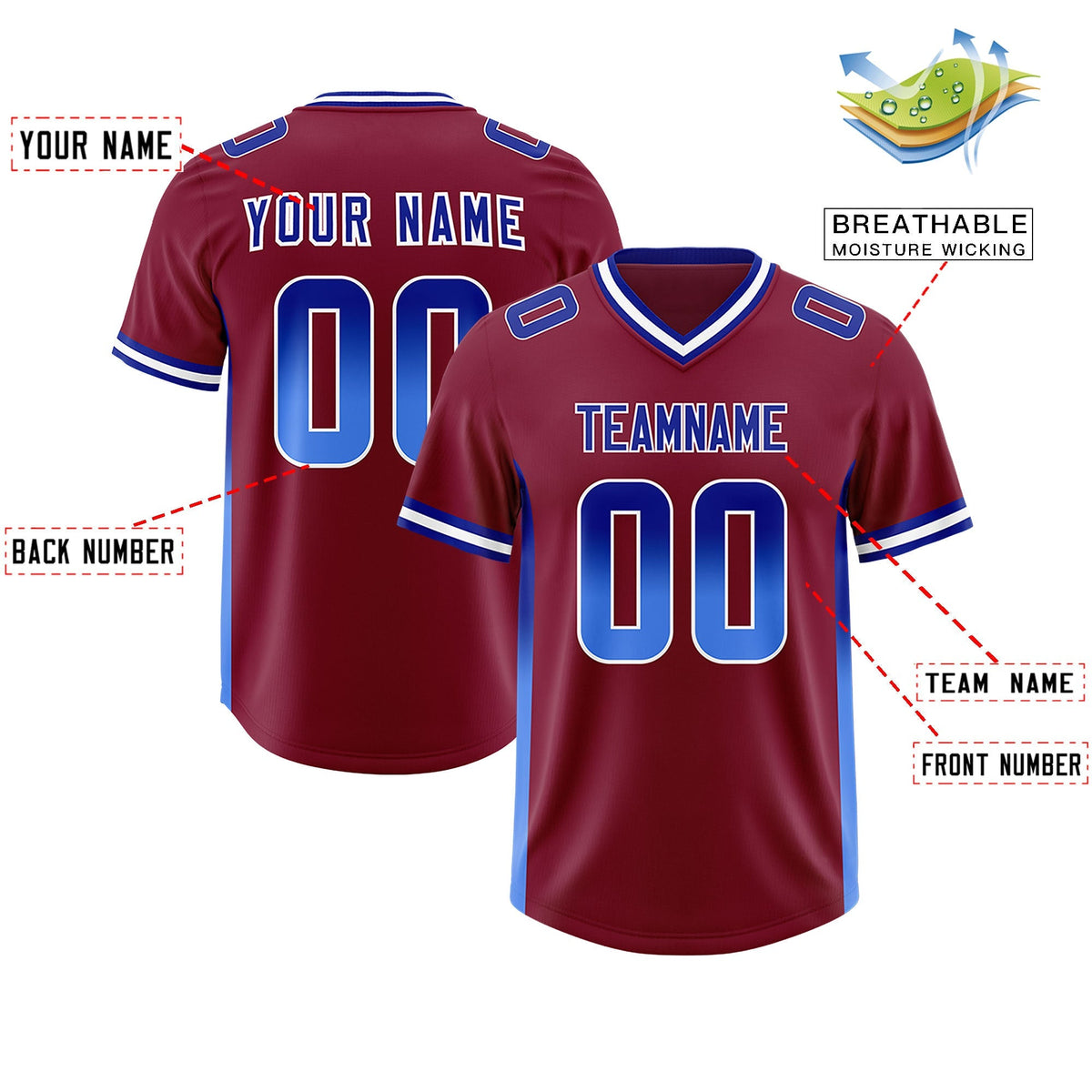 Custom Cardinal Royal and Powder Blue Sides Gradient Fashion Personalized Team American Football Jersey