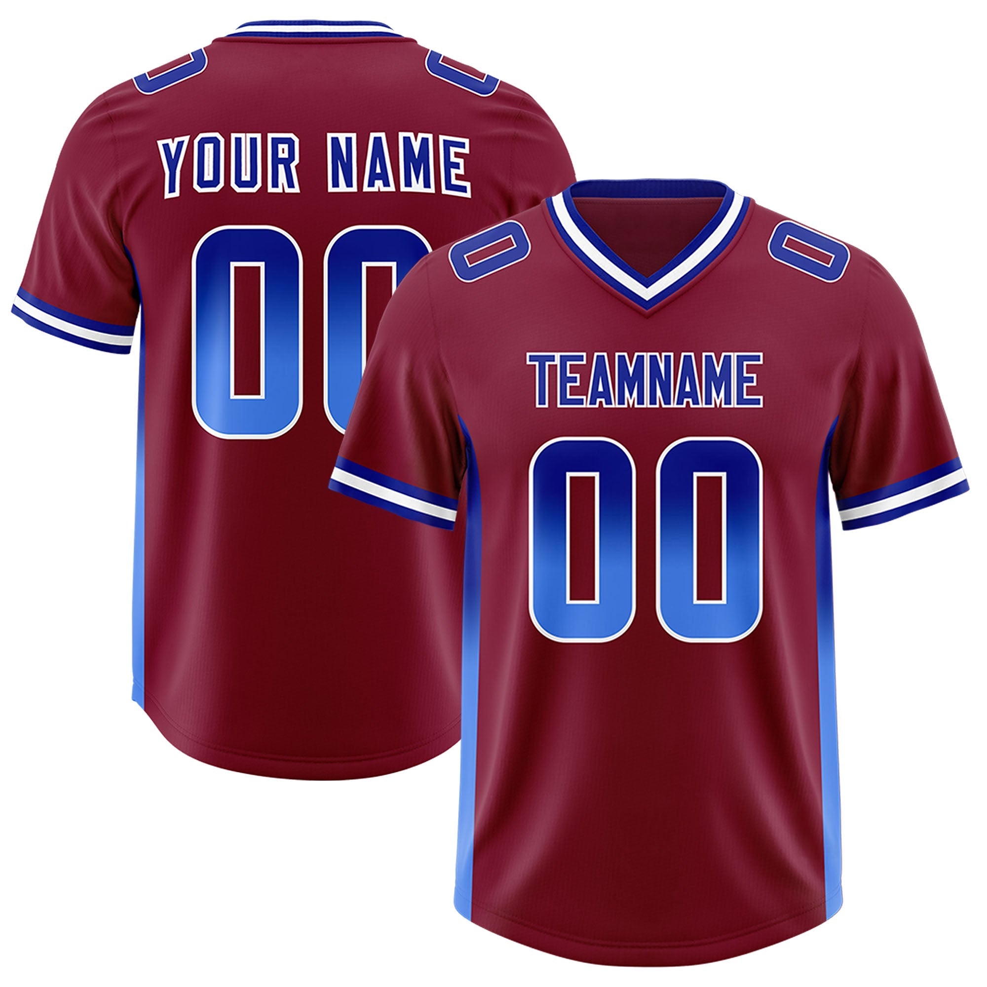 Custom Cardinal Royal and Powder Blue Sides Gradient Fashion Personalized Team American Football Jersey