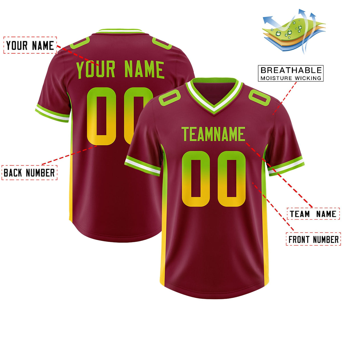 Custom Cardinal Neon Green and Gold Sides Gradient Fashion Personalized Team American Football Jersey
