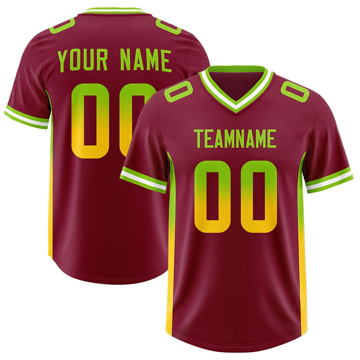 Custom Cardinal Neon Green and Gold Sides Gradient Fashion Personalized Team American Football Jersey