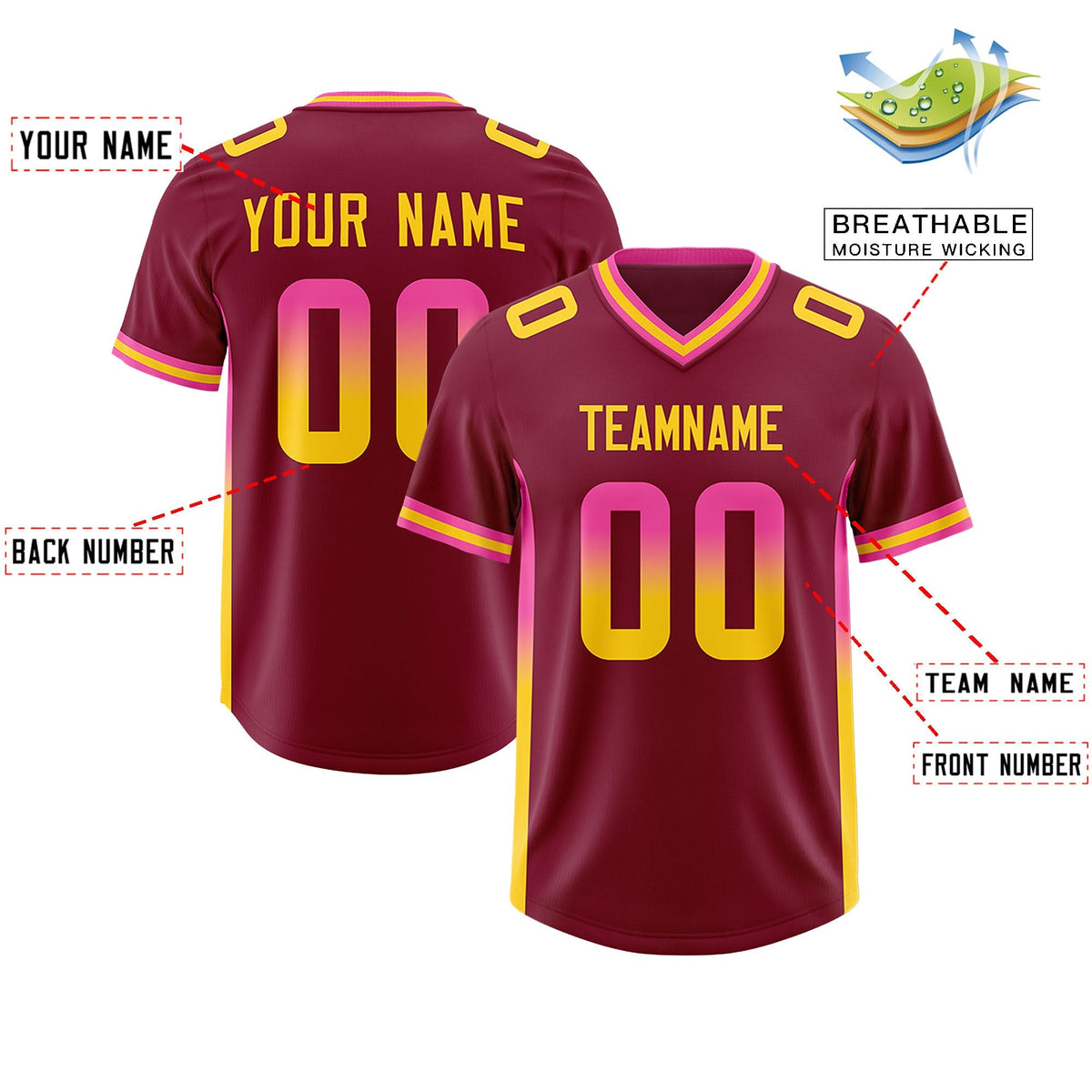 Custom Cardinal Pink and Gold Sides Gradient Fashion Personalized Team American Football Jersey
