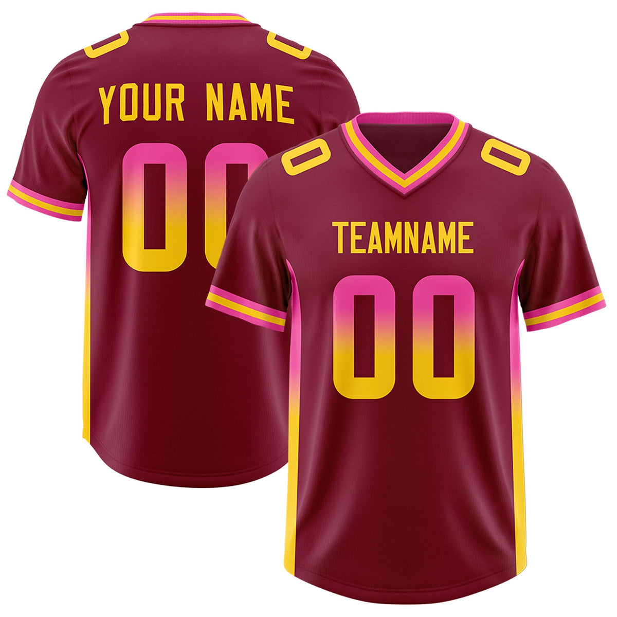 Custom Cardinal Pink and Gold Sides Gradient Fashion Personalized Team American Football Jersey