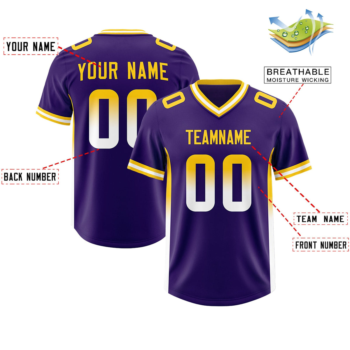 Custom Purple Gold Sides Gradient Fashion Personalized Team American Football Jersey