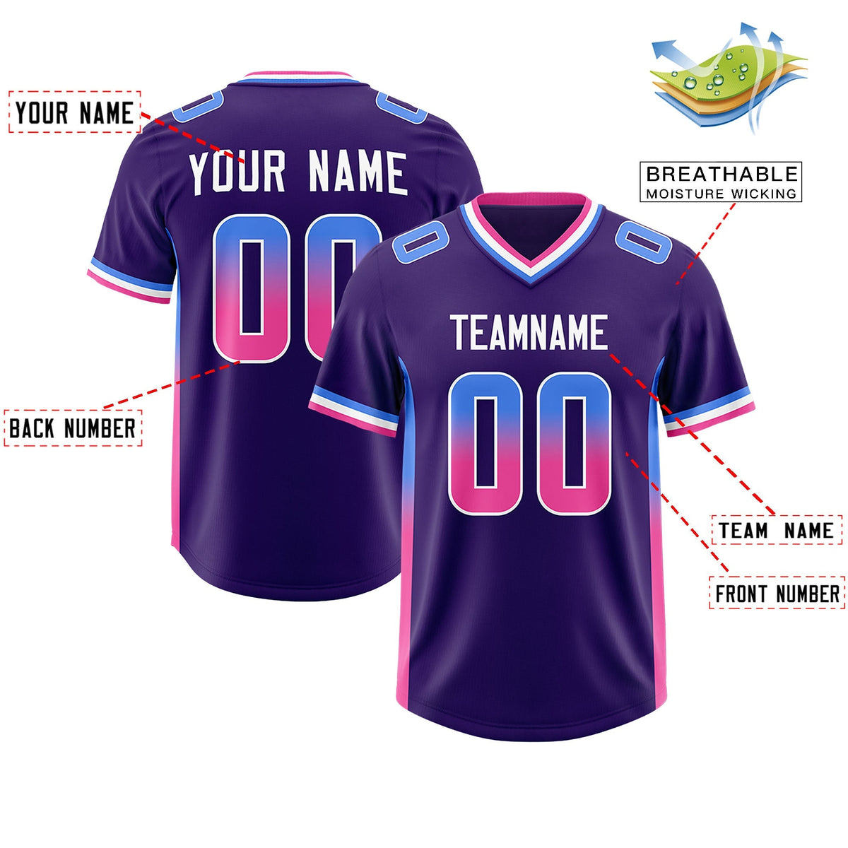 Custom Purple Powder Blue and Pink Sides Gradient Fashion Personalized Team American Football Jersey