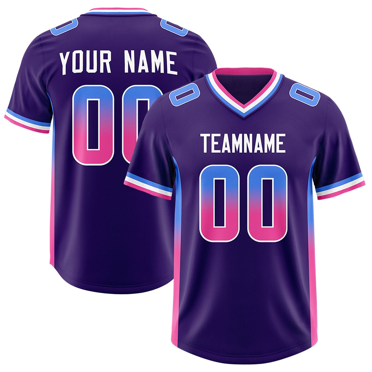 Custom Purple Powder Blue and Pink Sides Gradient Fashion Personalized Team American Football Jersey