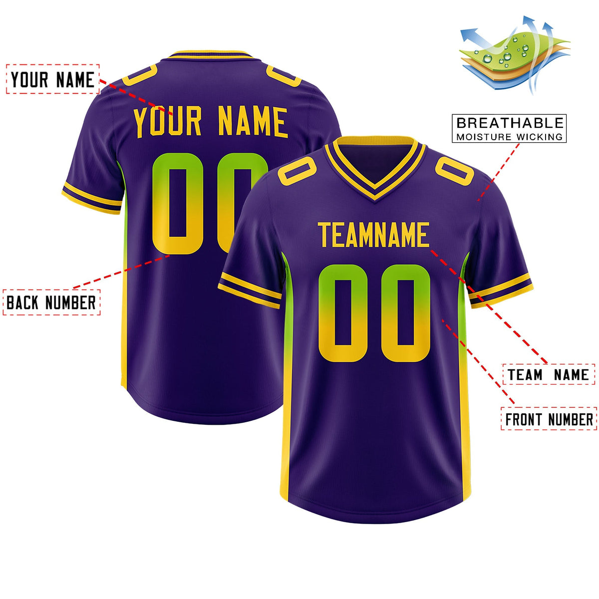Custom Purple Neon Green and Gold Sides Gradient Fashion Personalized Team American Football Jersey