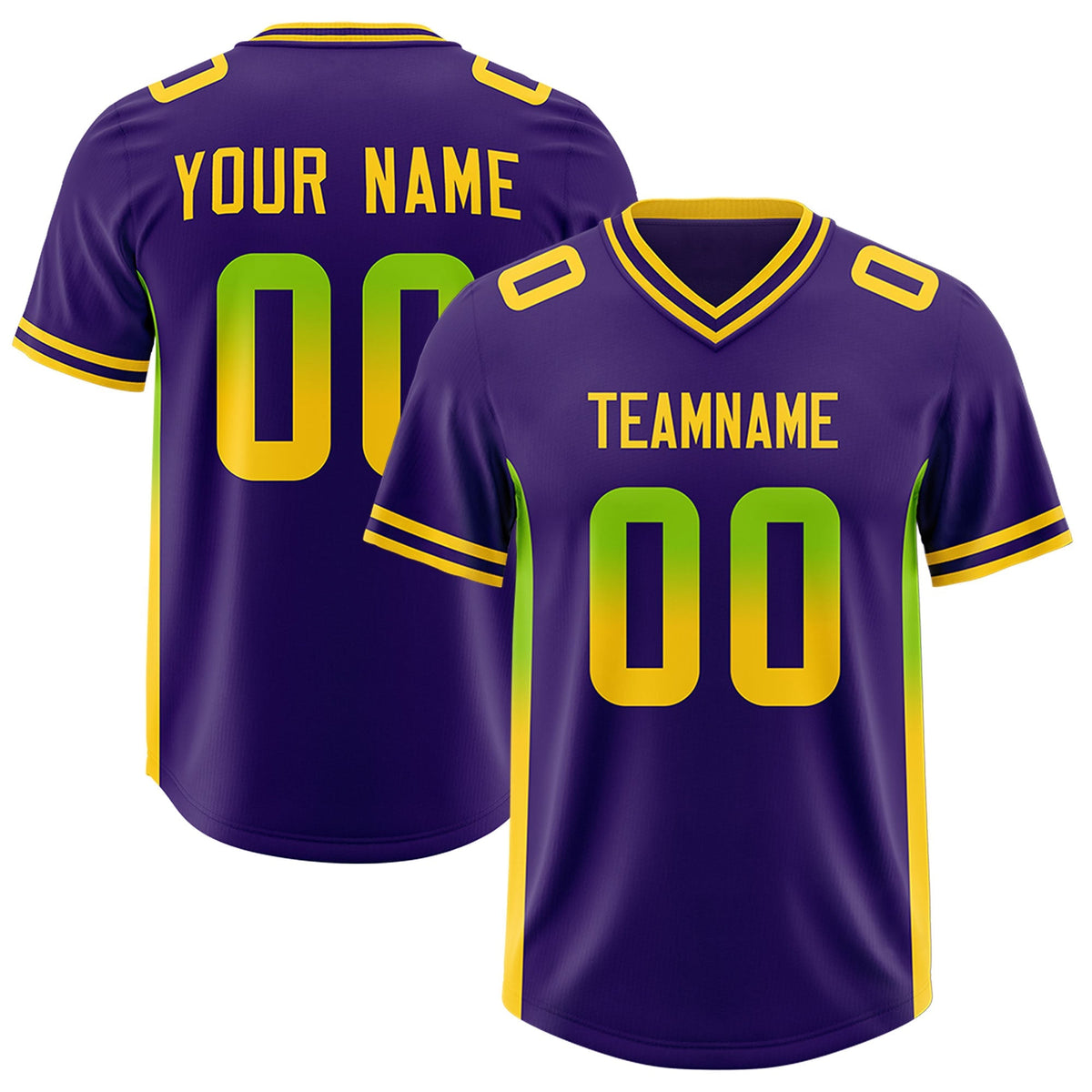 Custom Purple Neon Green and Gold Sides Gradient Fashion Personalized Team American Football Jersey