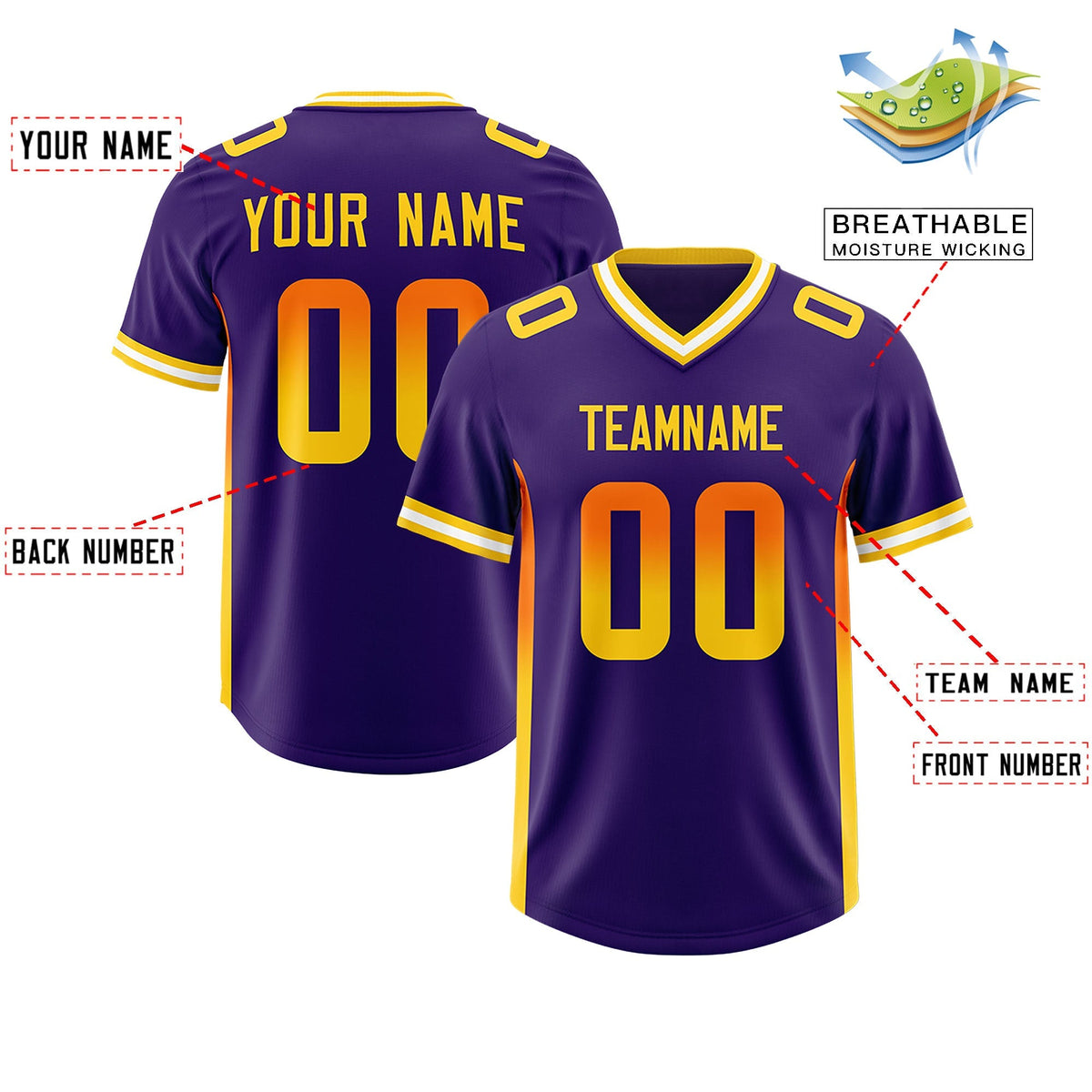 Custom Purple Orange and Gold Sides Gradient Fashion Personalized Team American Football Jersey