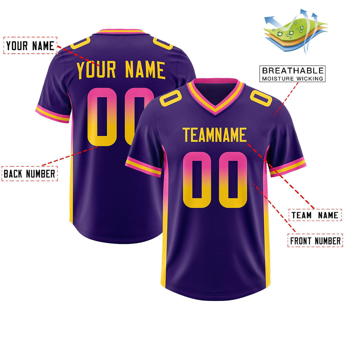 Custom Purple Pink and Gold Sides Gradient Fashion Personalized Team American Football Jersey
