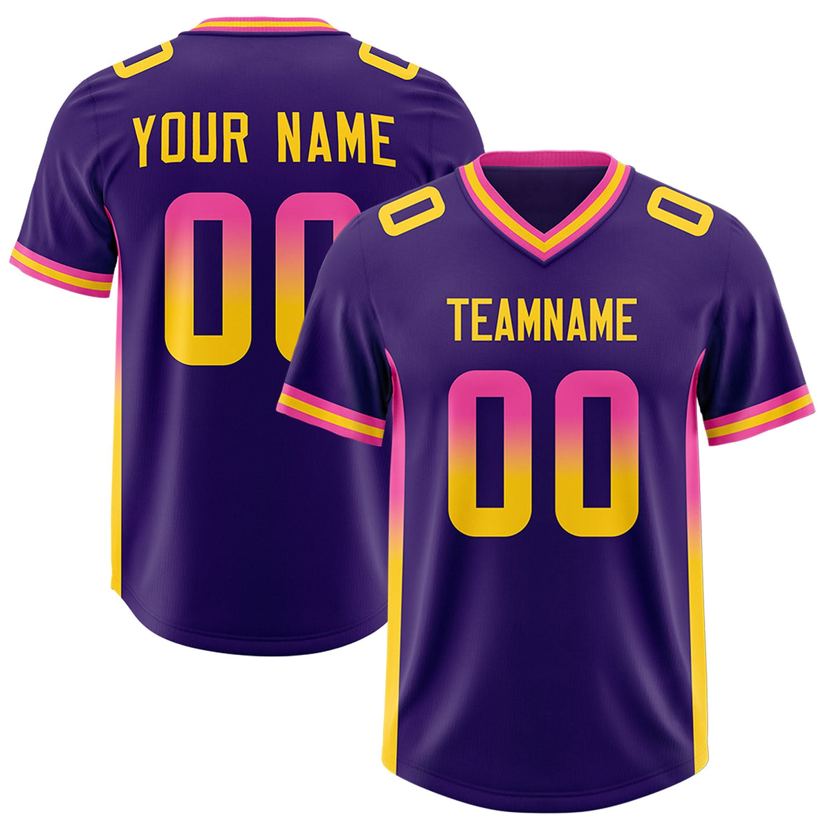 Custom Purple Pink and Gold Sides Gradient Fashion Personalized Team American Football Jersey