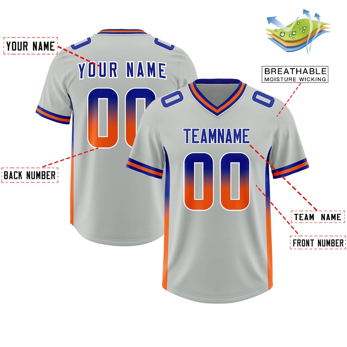 Custom Gray Royal and Orange Sides Gradient Fashion Personalized Team American Football Jersey