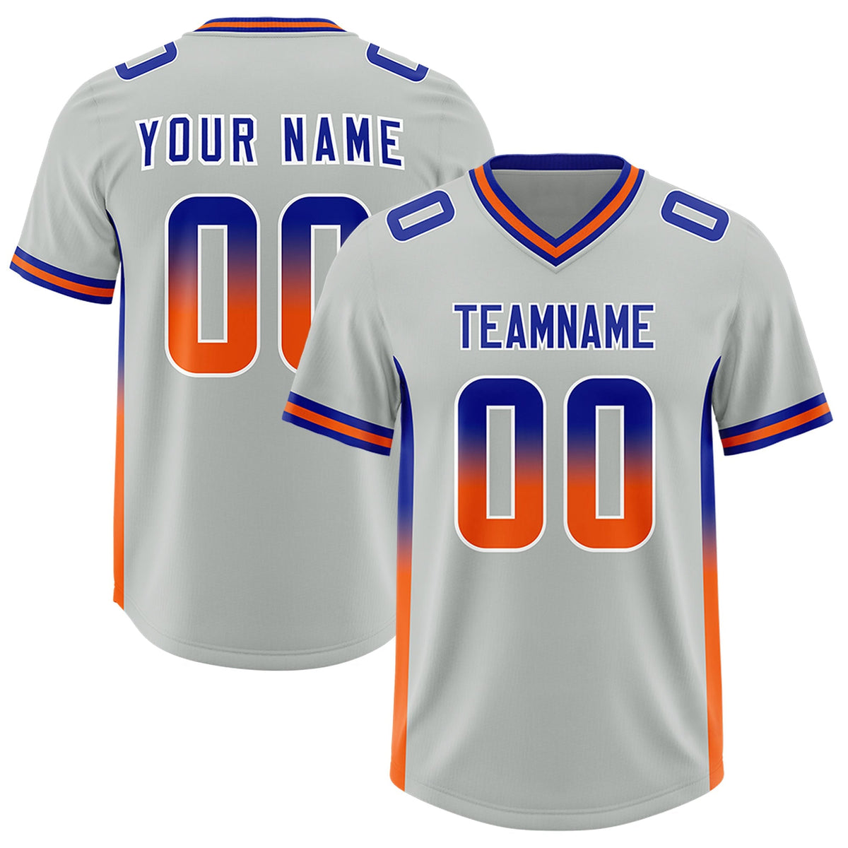 Custom Gray Royal and Orange Sides Gradient Fashion Personalized Team American Football Jersey