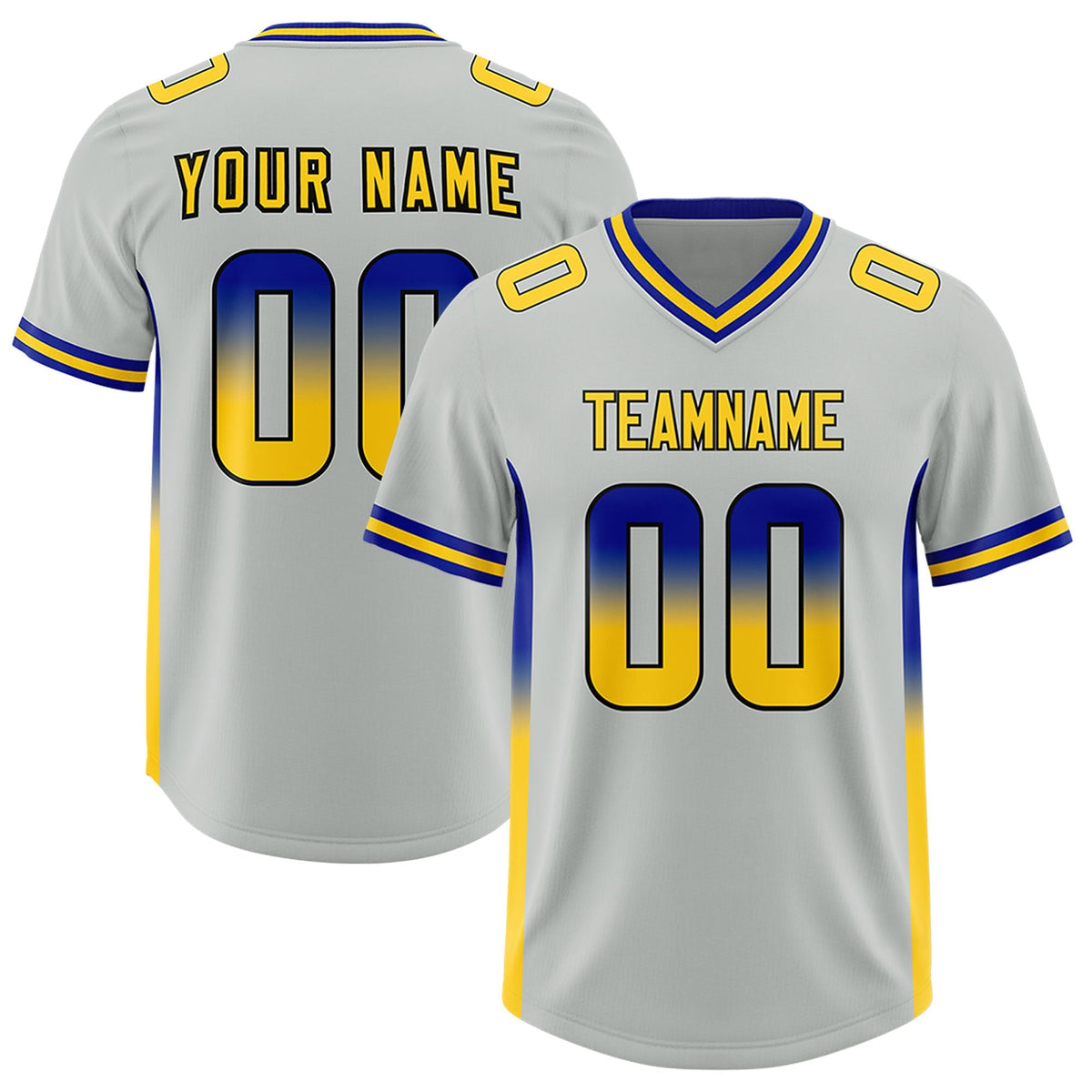 Custom Gray Royal and Gold Sides Gradient Fashion Personalized Team American Football Jersey