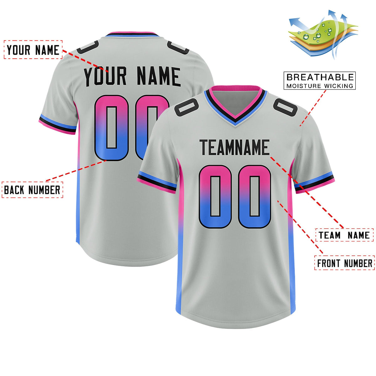 Custom Gray Pink and Powder Blue Sides Gradient Fashion Personalized Team American Football Jersey