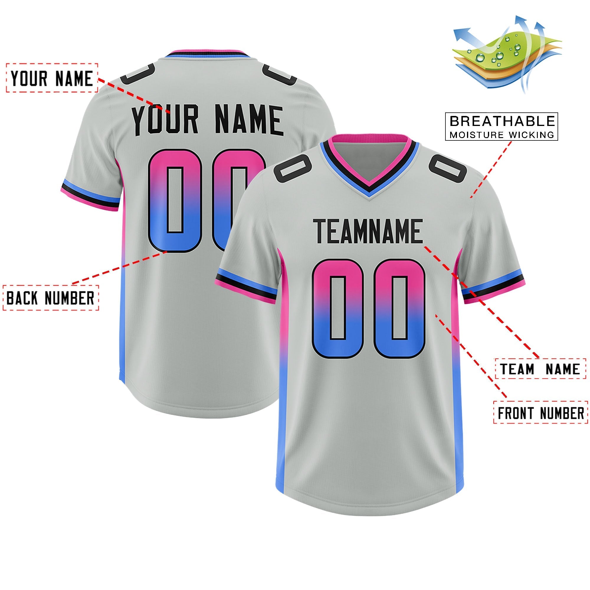 Custom Gray Pink and Powder Blue Sides Gradient Fashion Personalized Team American Football Jersey