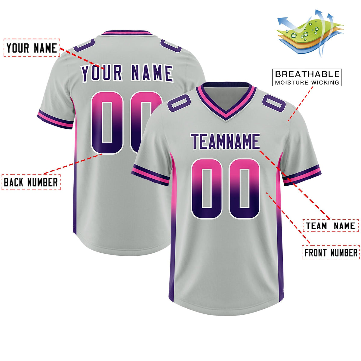 Custom Gray Pink and Purple Sides Gradient Fashion Personalized Team American Football Jersey