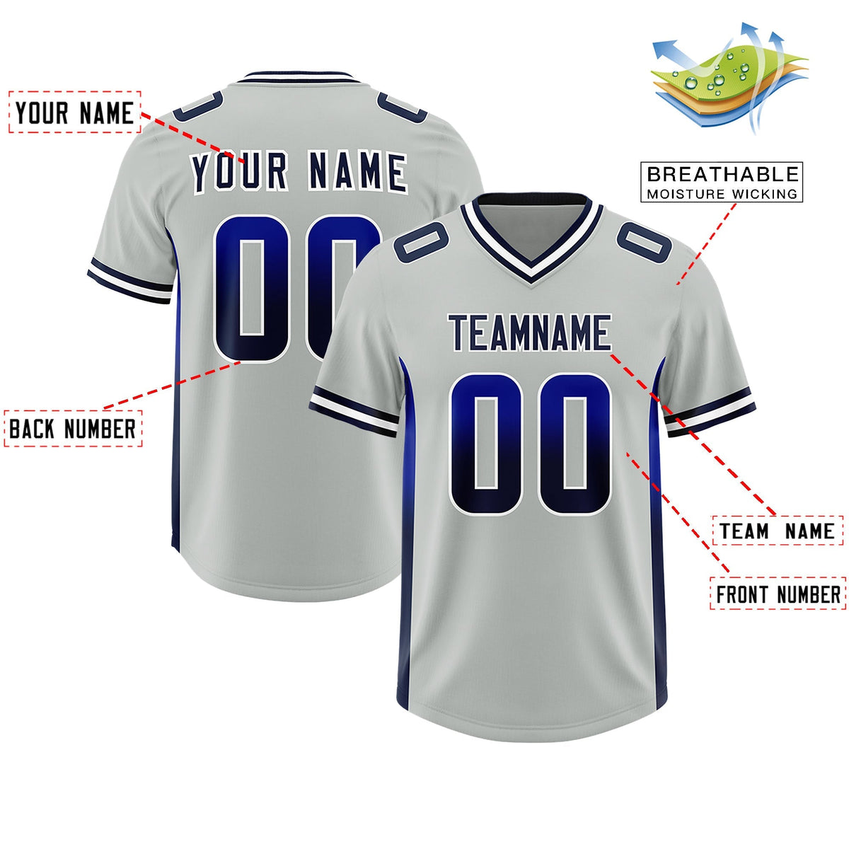 Custom Gray Royal and Navy Sides Gradient Fashion Personalized Team American Football Jersey