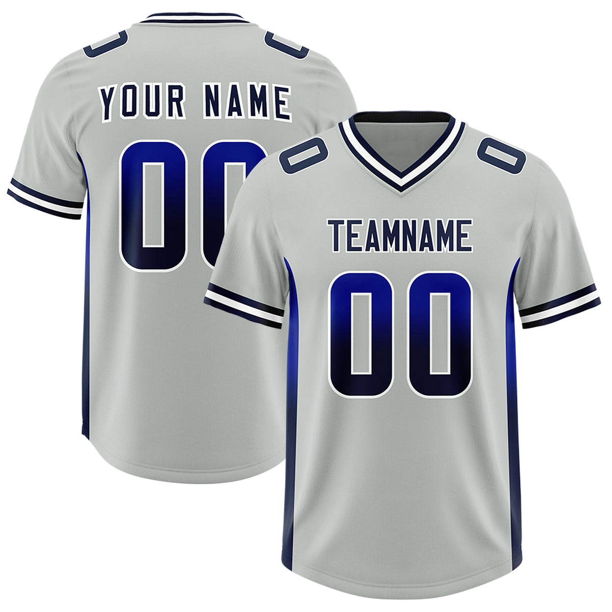 Custom Gray Royal and Navy Sides Gradient Fashion Personalized Team American Football Jersey