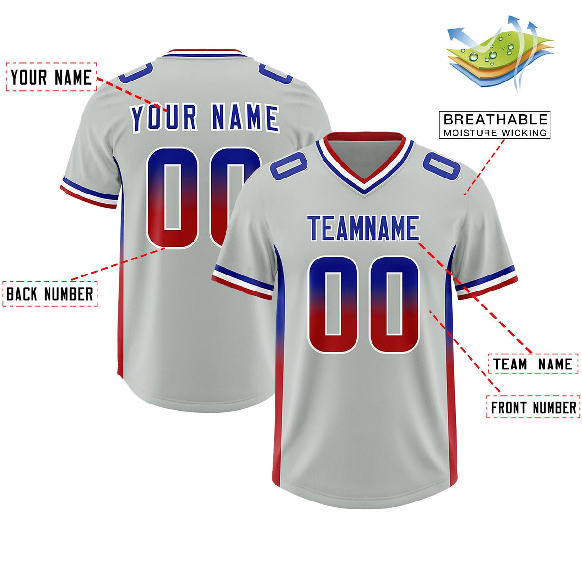 Custom Gray Royal and Red Sides Gradient Fashion Personalized Team American Football Jersey