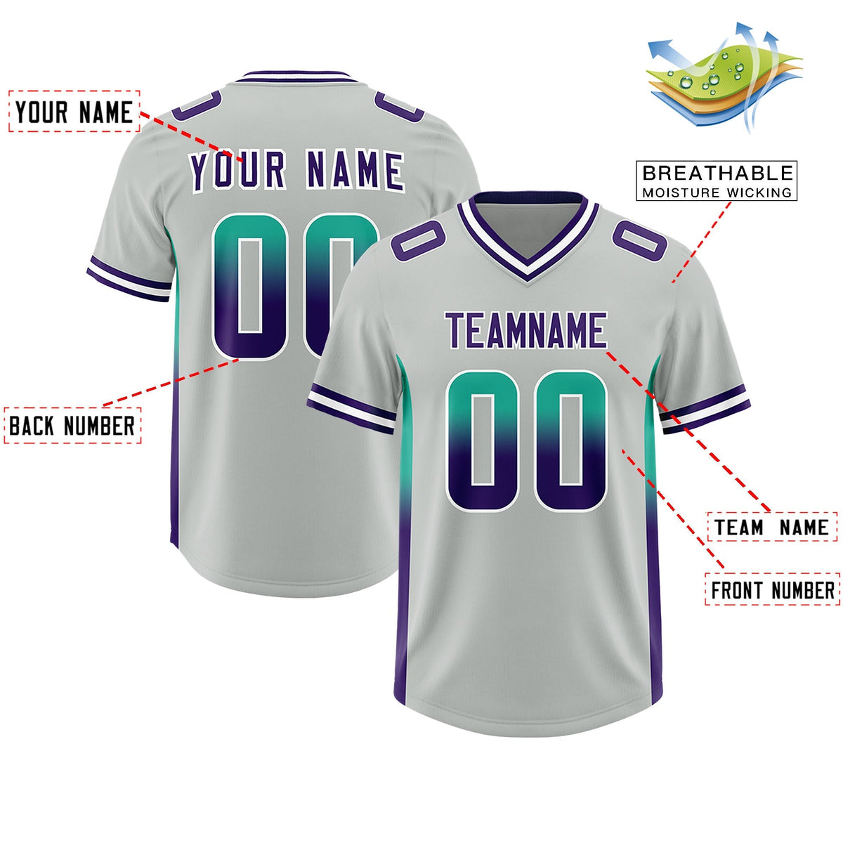Custom Gray Bright Green and Purple Sides Gradient Fashion Personalized Team American Football Jersey