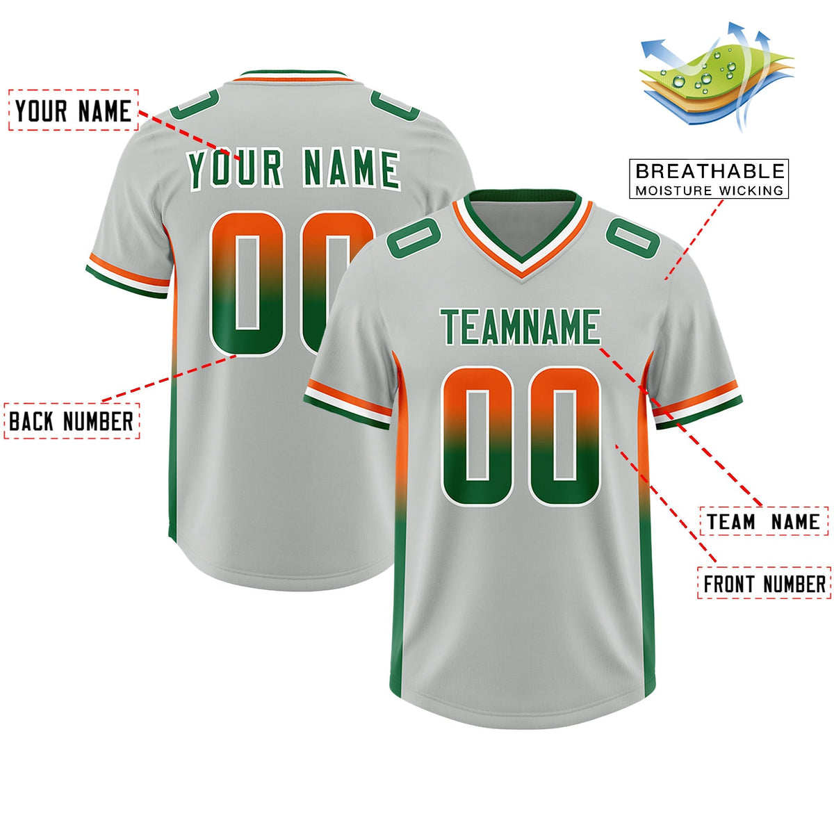 Custom Gray Orange and Kelly Green Sides Gradient Fashion Personalized Team American Football Jersey