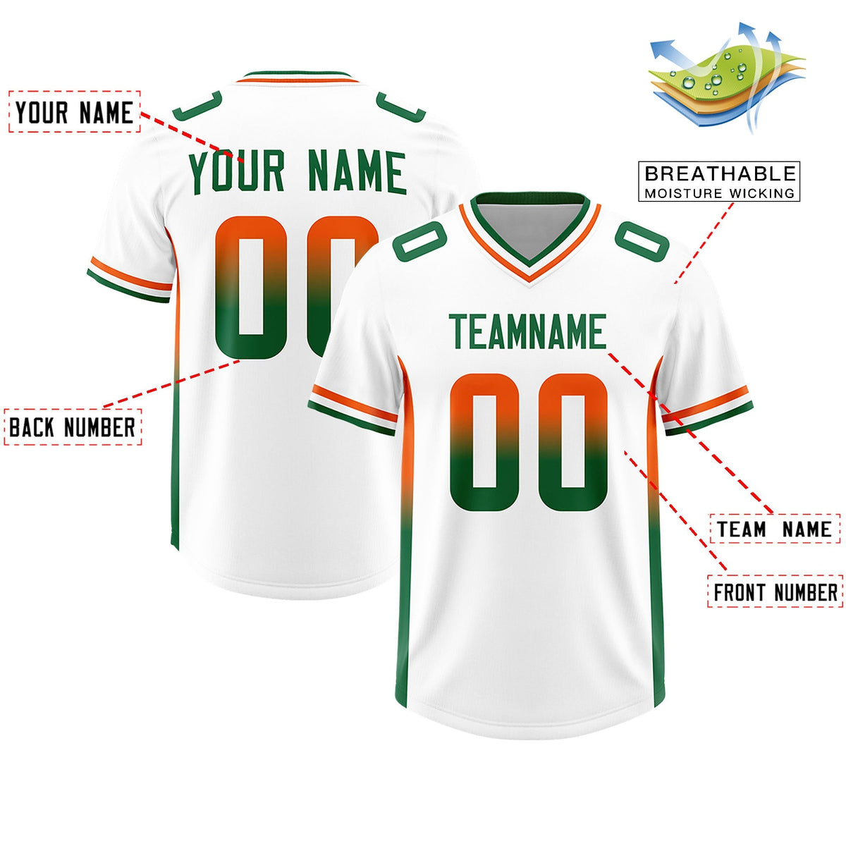 Custom White Orange and Kelly Green Sides Gradient Fashion Personalized Team American Football Jersey