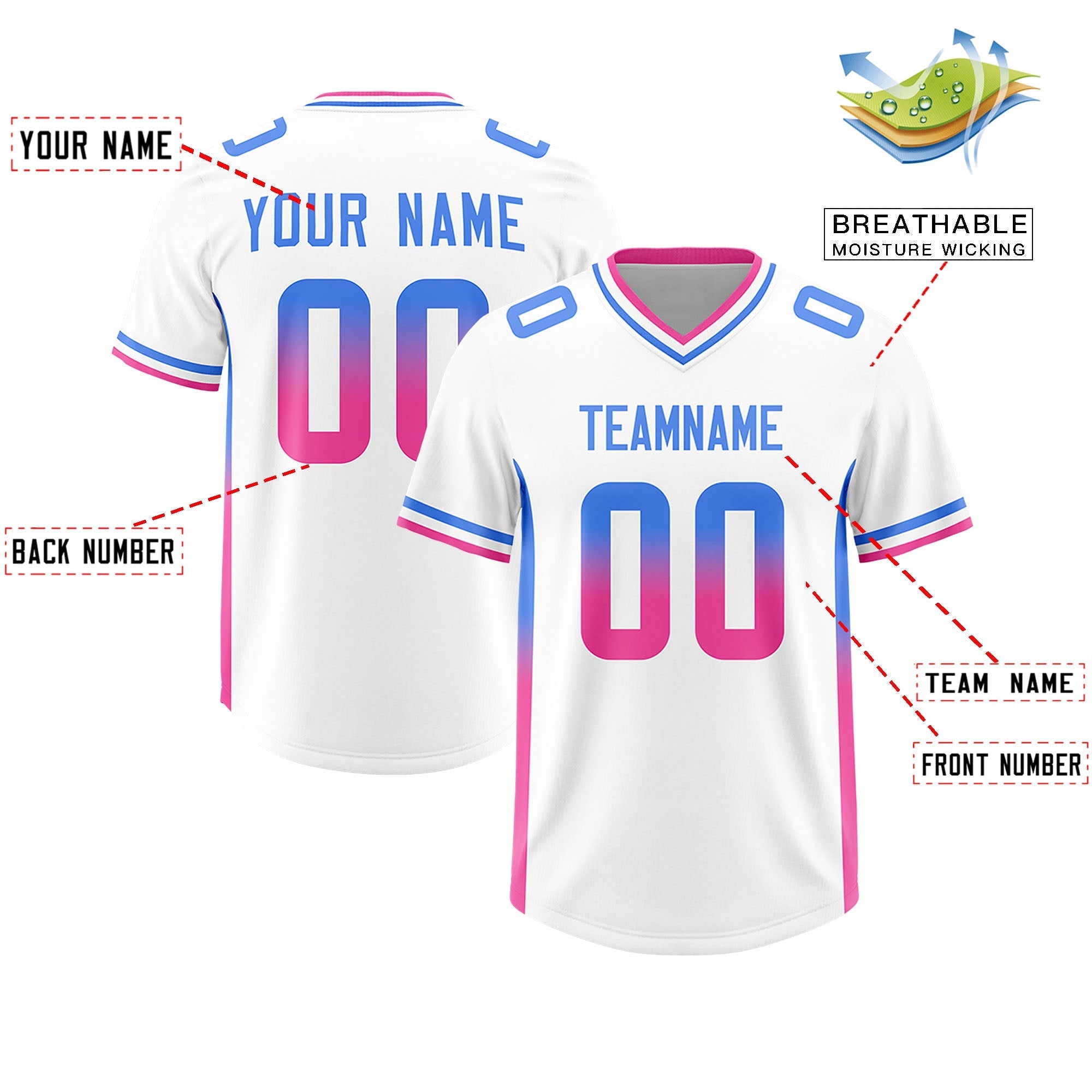 Custom White Powder Blue and Pink Sides Gradient Fashion Personalized Team American Football Jersey
