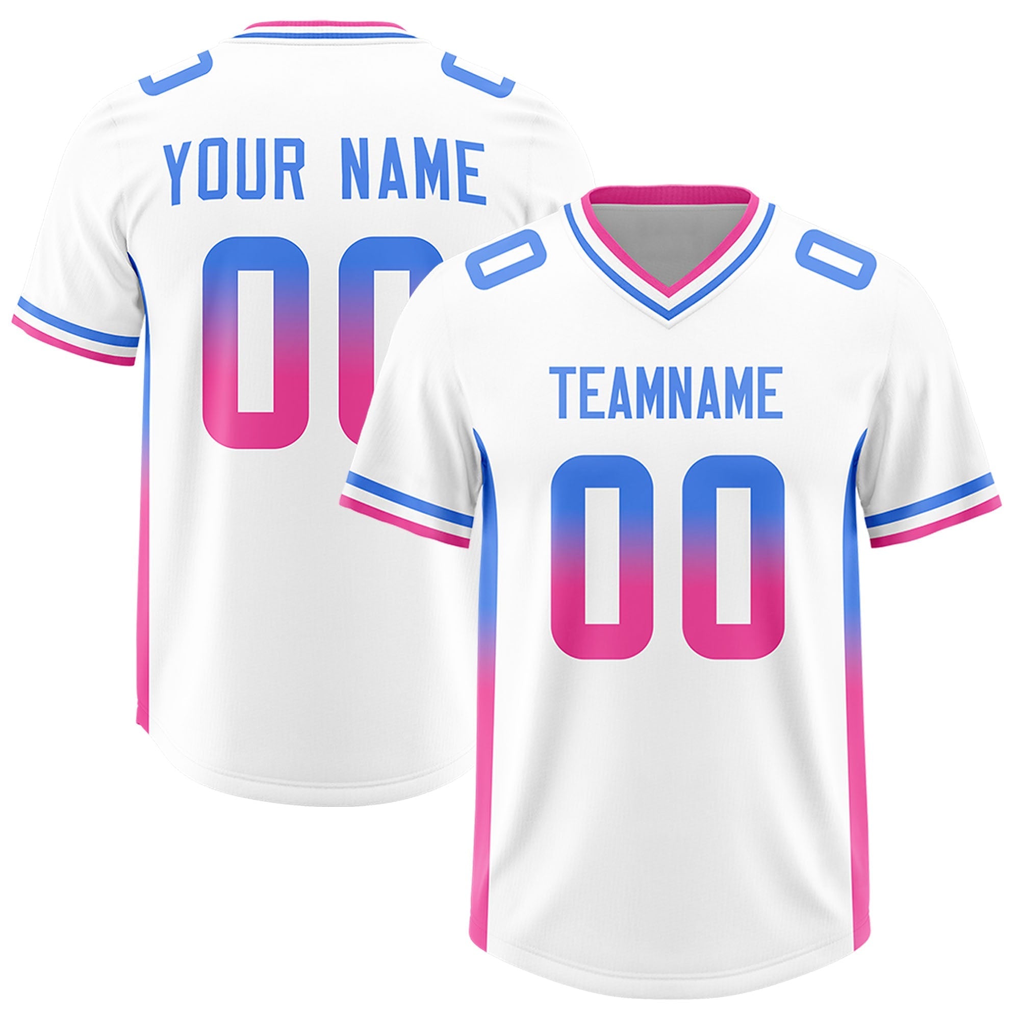 Custom White Powder Blue and Pink Sides Gradient Fashion Personalized Team American Football Jersey