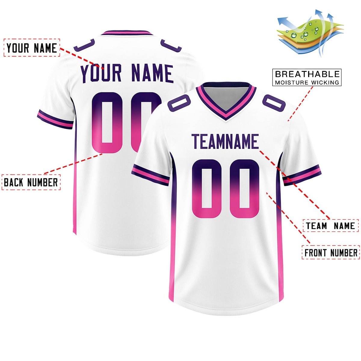 Custom White Purple and Pink Sides Gradient Fashion Personalized Team American Football Jersey