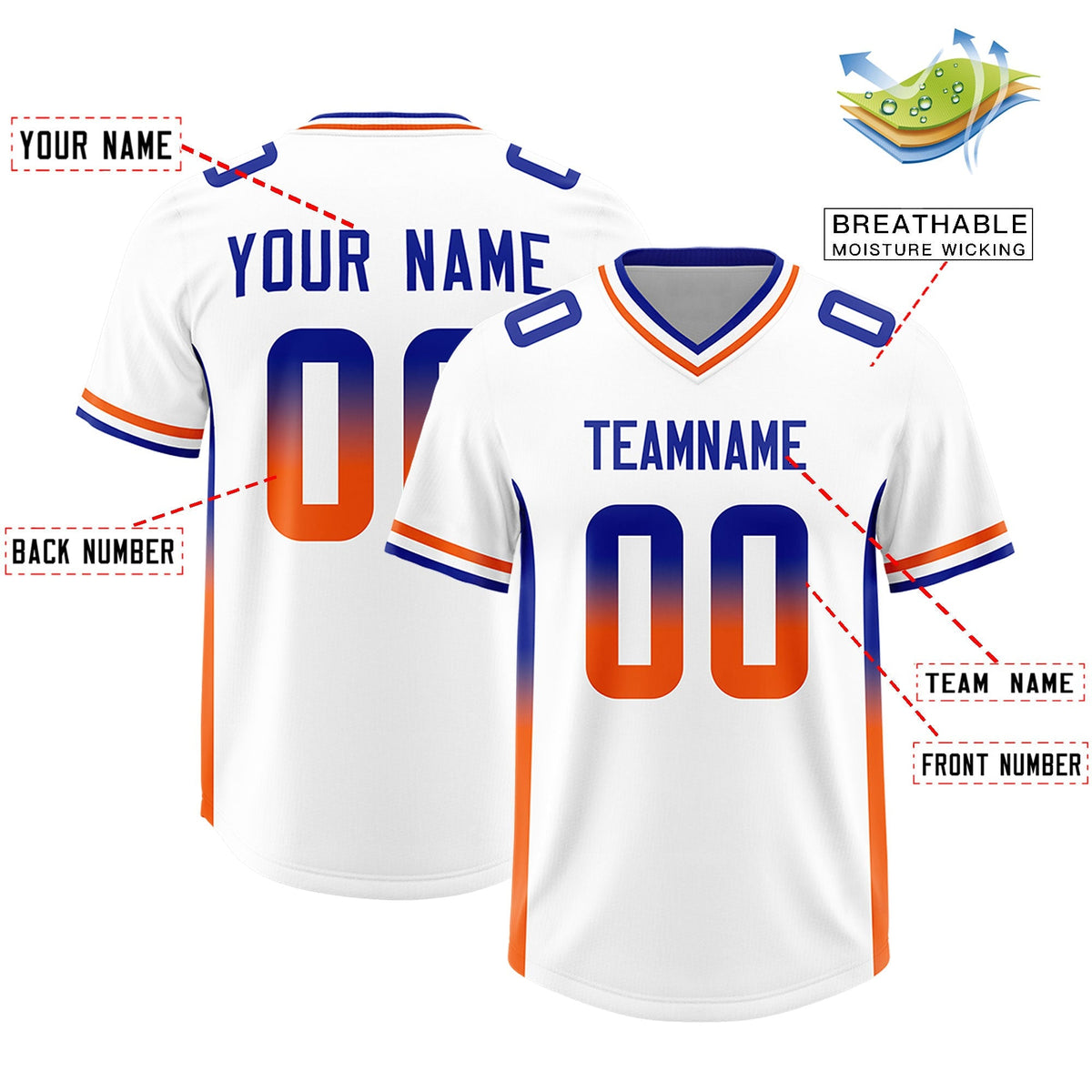 Custom White Royal and Orange Sides Gradient Fashion Personalized Team American Football Jersey