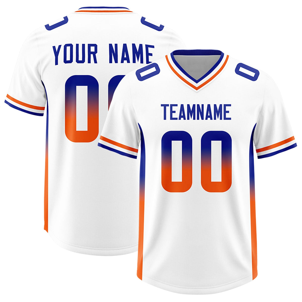 Custom White Royal and Orange Sides Gradient Fashion Personalized Team American Football Jersey