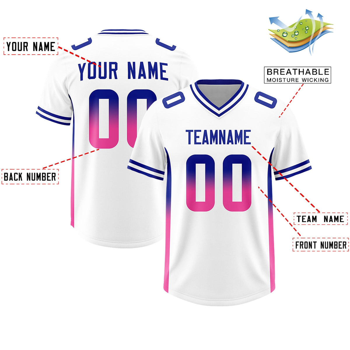 Custom White Royal and Pink Sides Gradient Fashion Personalized Team American Football Jersey