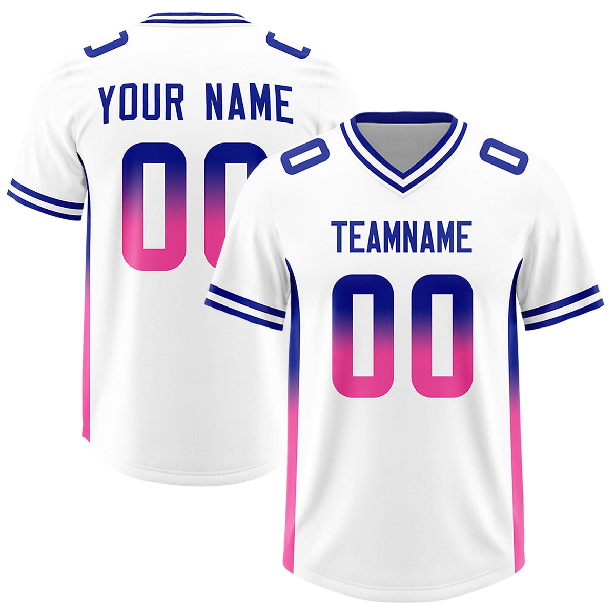 Custom White Royal and Pink Sides Gradient Fashion Personalized Team American Football Jersey