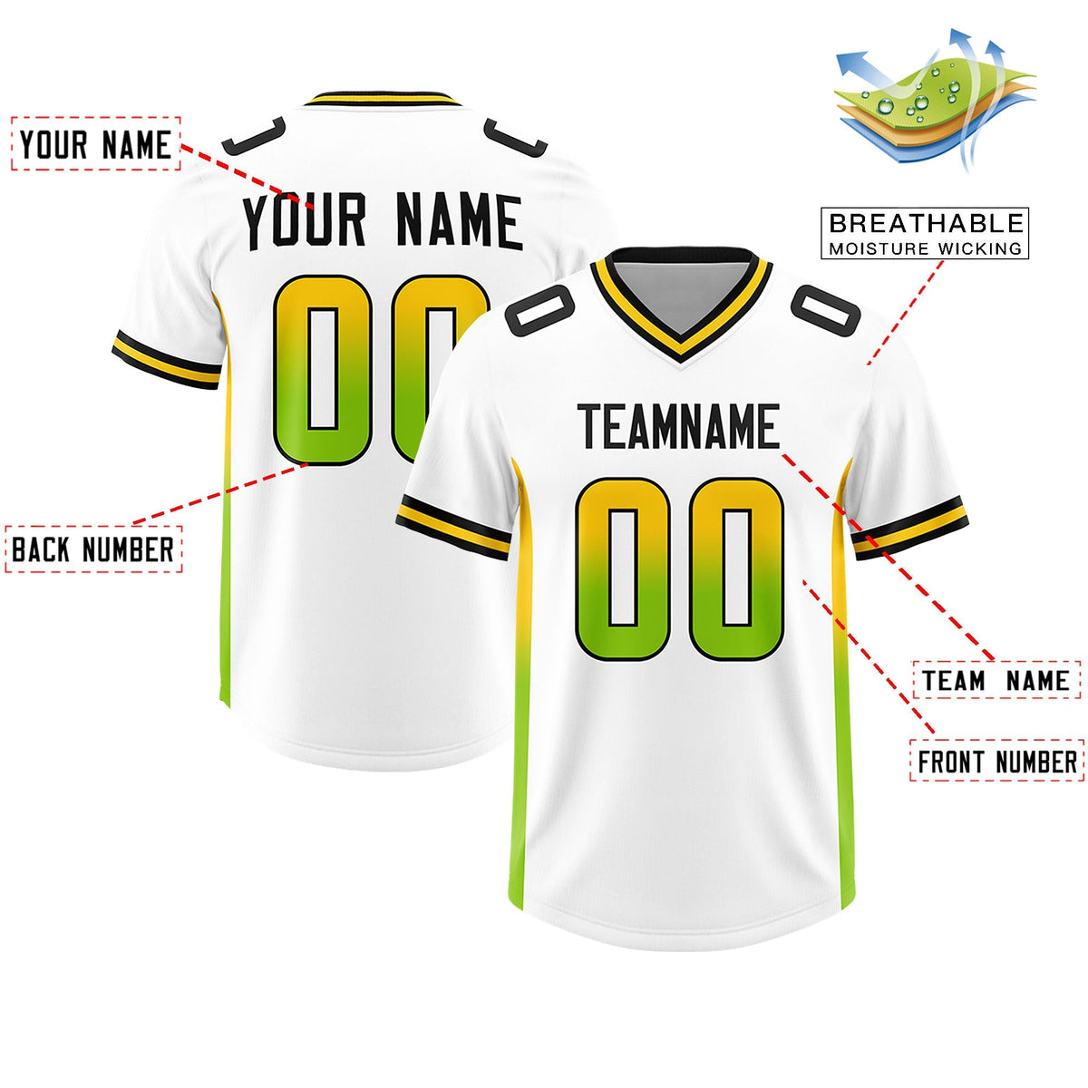 Custom White Gold Sides Gradient Fashion Personalized Team American Football Jersey