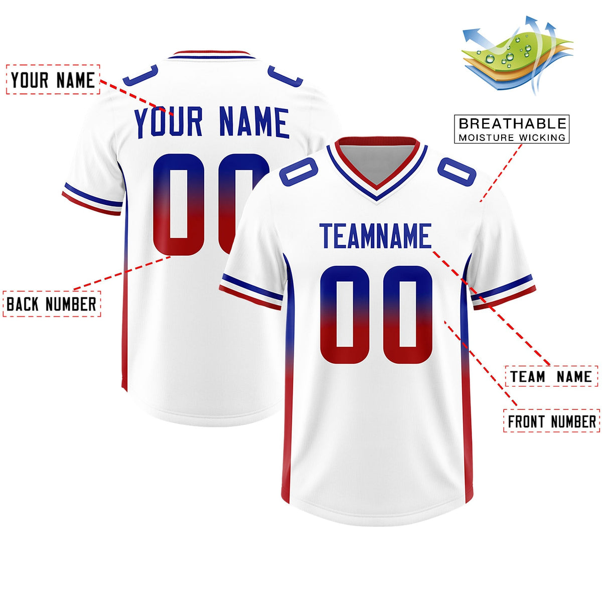 Custom White Royal and Red Sides Gradient Fashion Personalized Team American Football Jersey