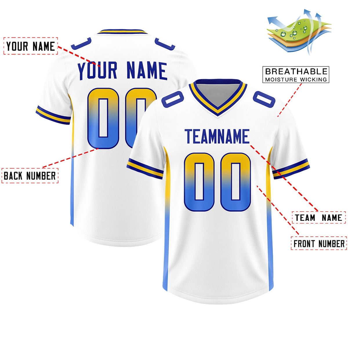 Custom White Gold Sides Gradient Fashion Personalized Team American Football Jersey