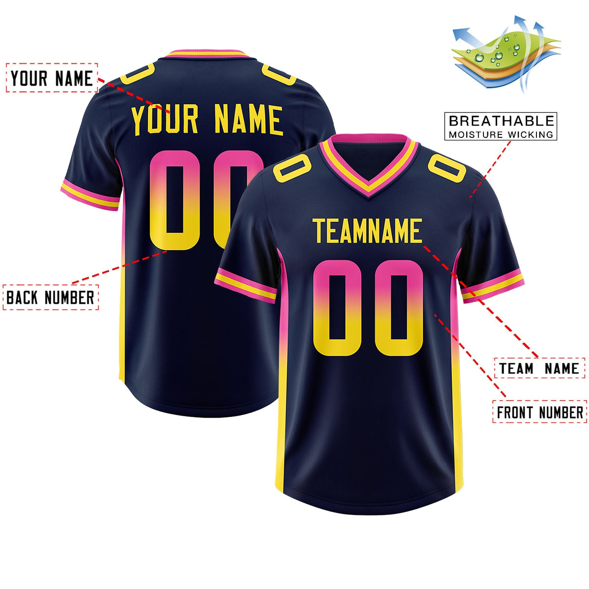 Custom Navy Pink and Gold Sides Gradient Fashion Personalized Team American Football Jersey