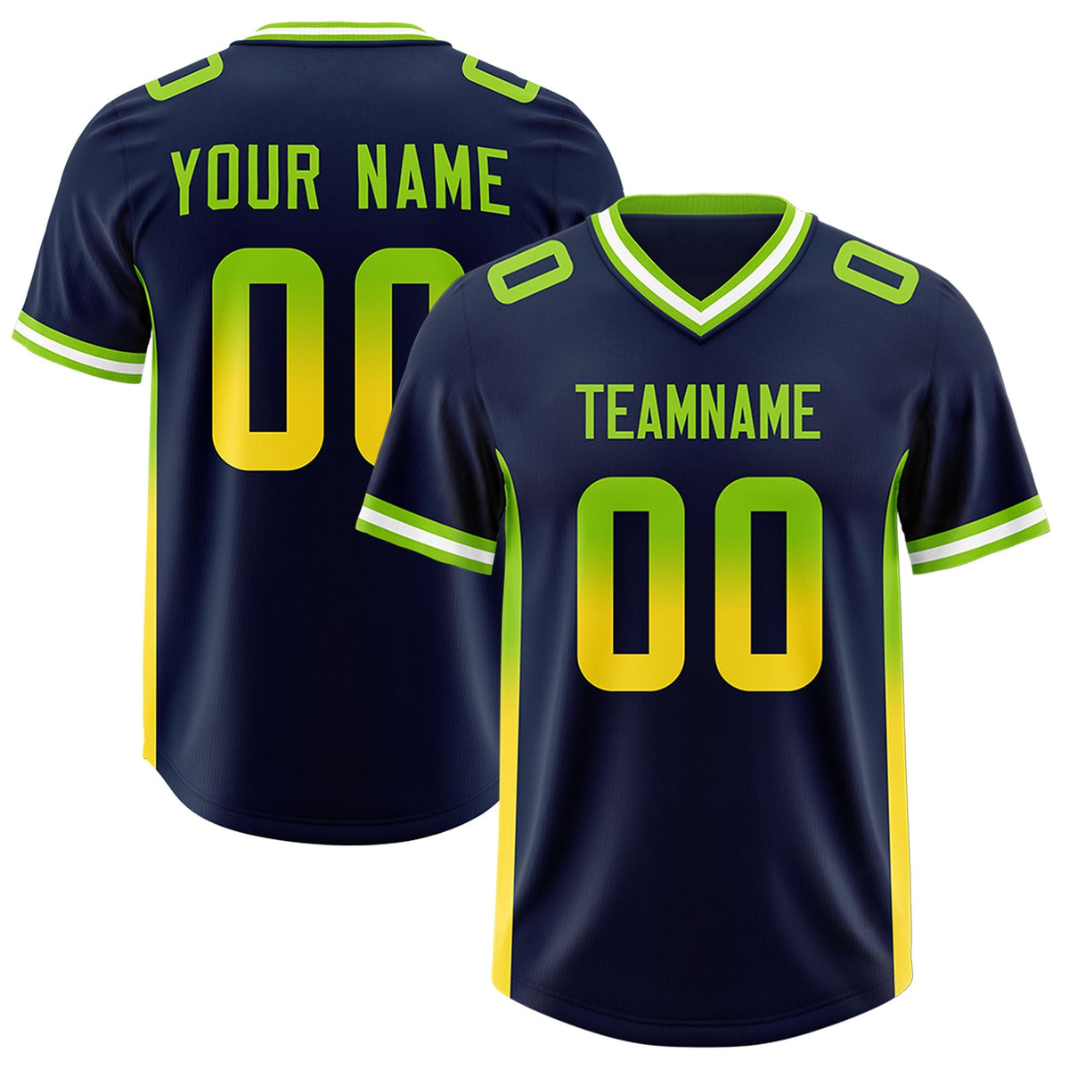 Custom Navy Neon Green and Gold Sides Gradient Fashion Personalized Team American Football Jersey
