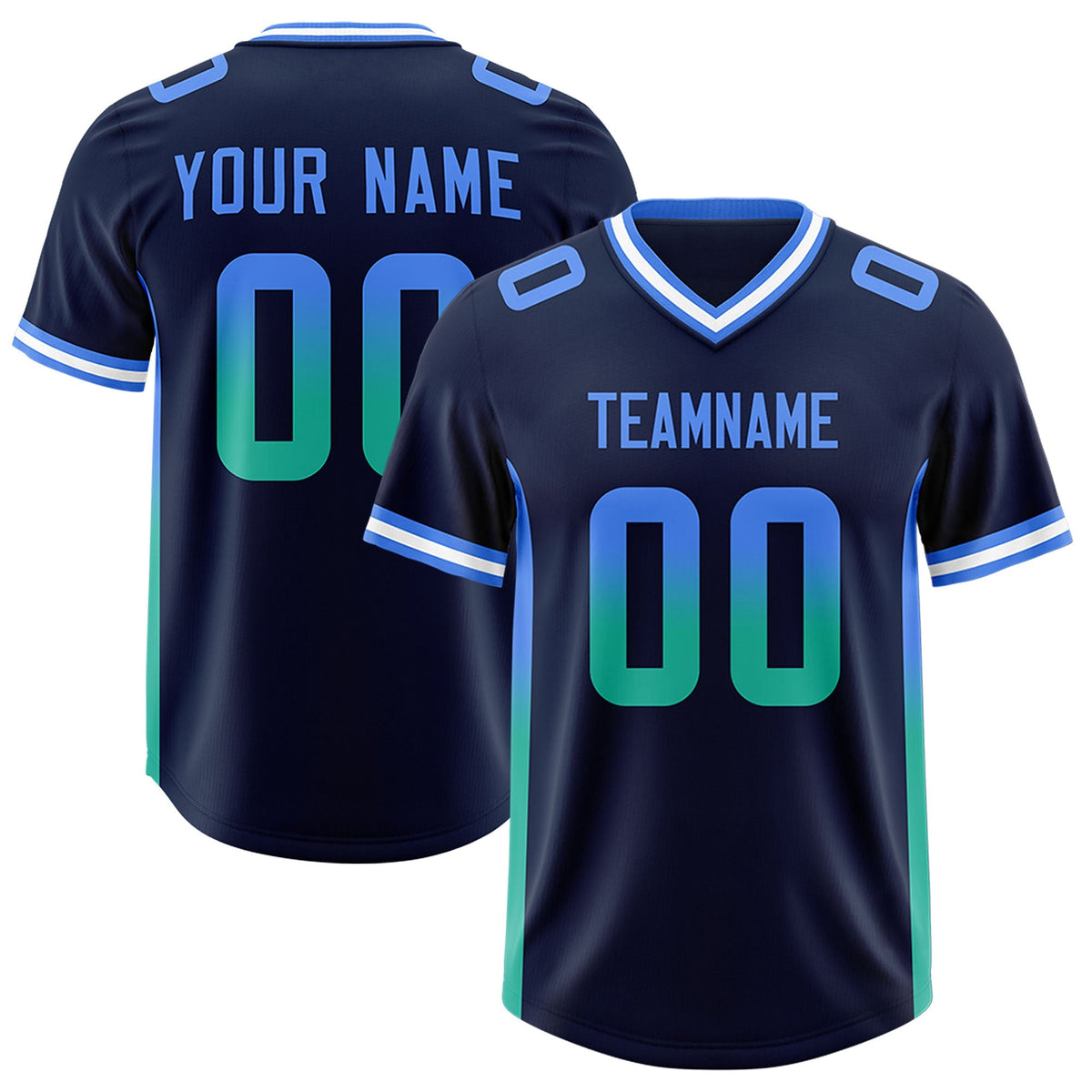 Custom Navy Powder Blue and Bright Green Sides Gradient Fashion Personalized Team American Football Jersey