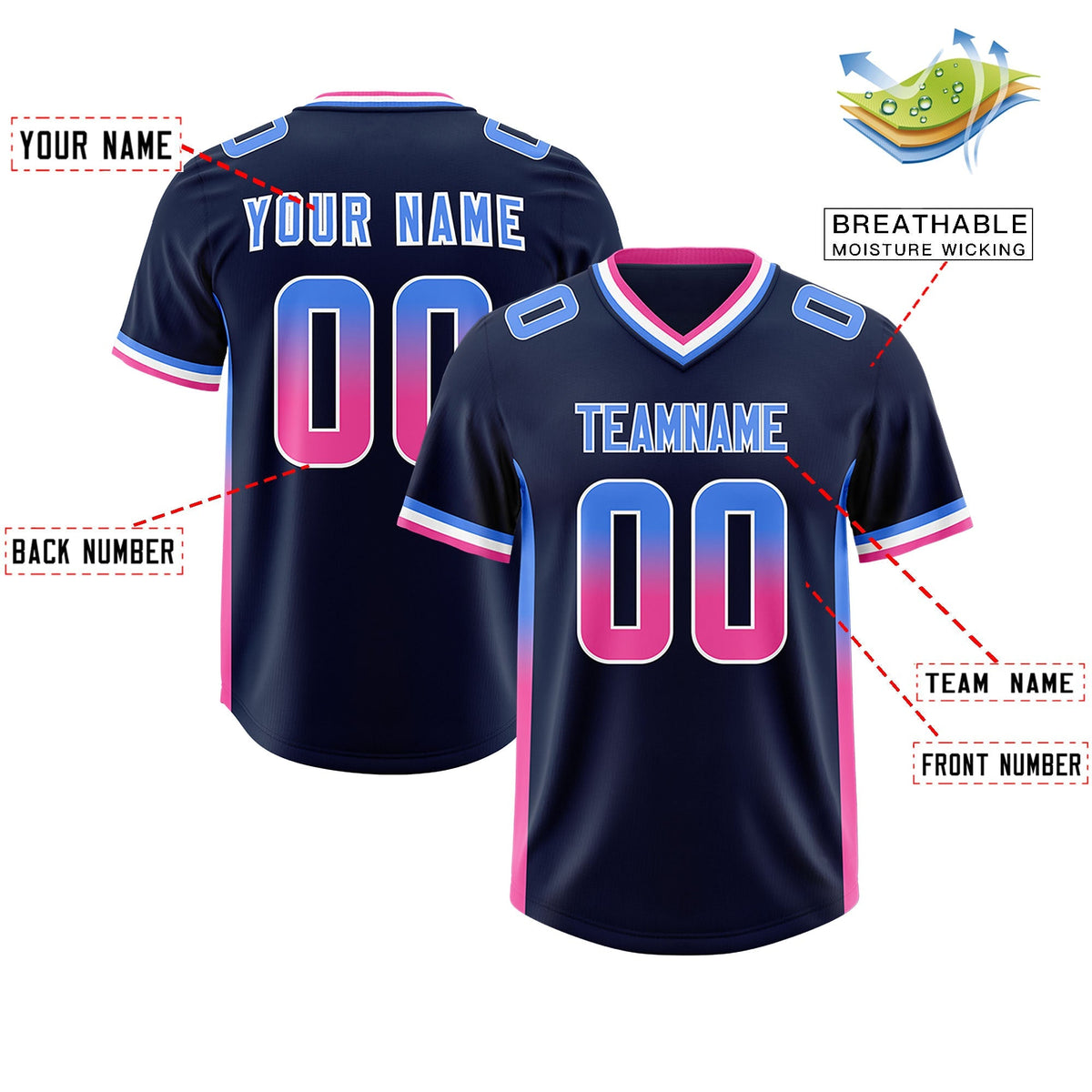Custom Navy Powder Blue and Pink Sides Gradient Fashion Personalized Team American Football Jersey