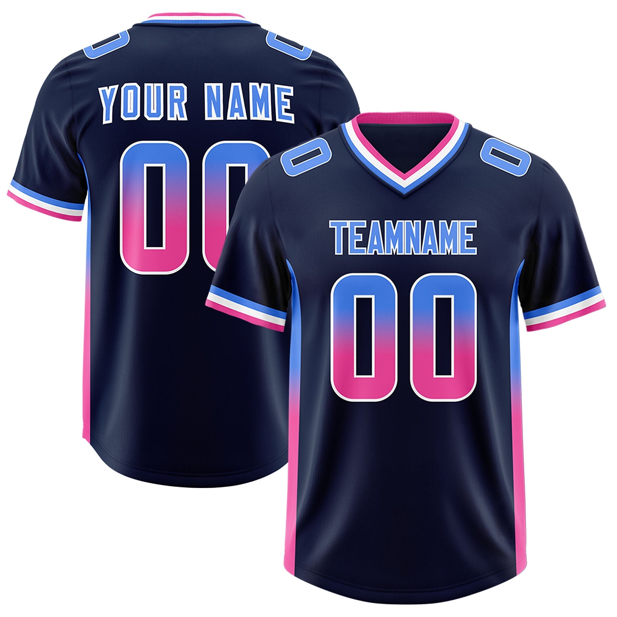 Custom Navy Powder Blue and Pink Sides Gradient Fashion Personalized Team American Football Jersey