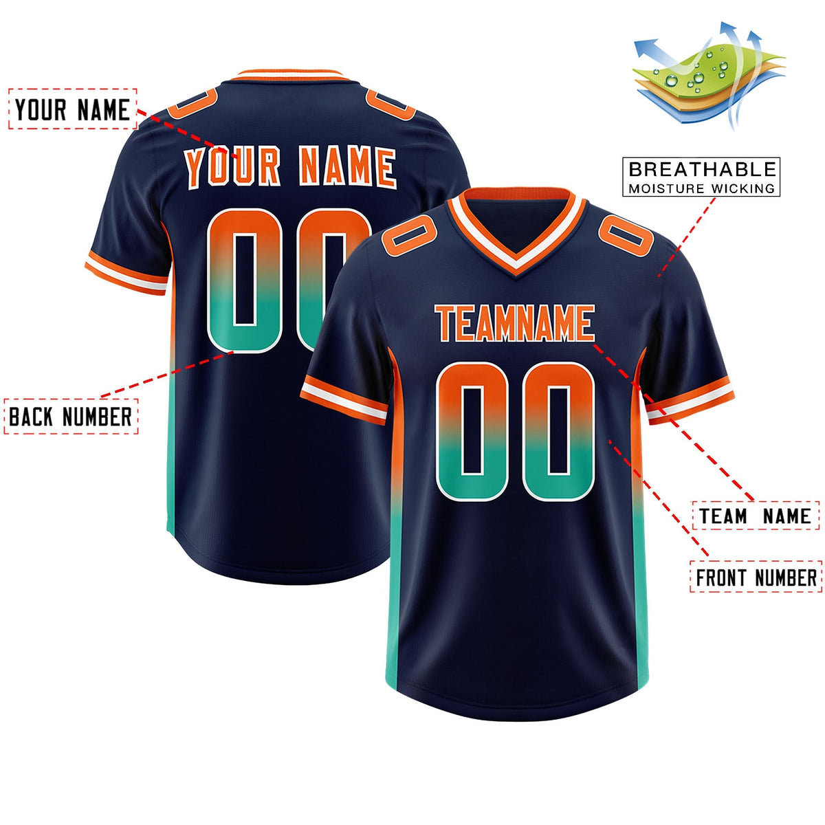 Custom Navy Orange and Bright Green Sides Gradient Fashion Personalized Team American Football Jersey