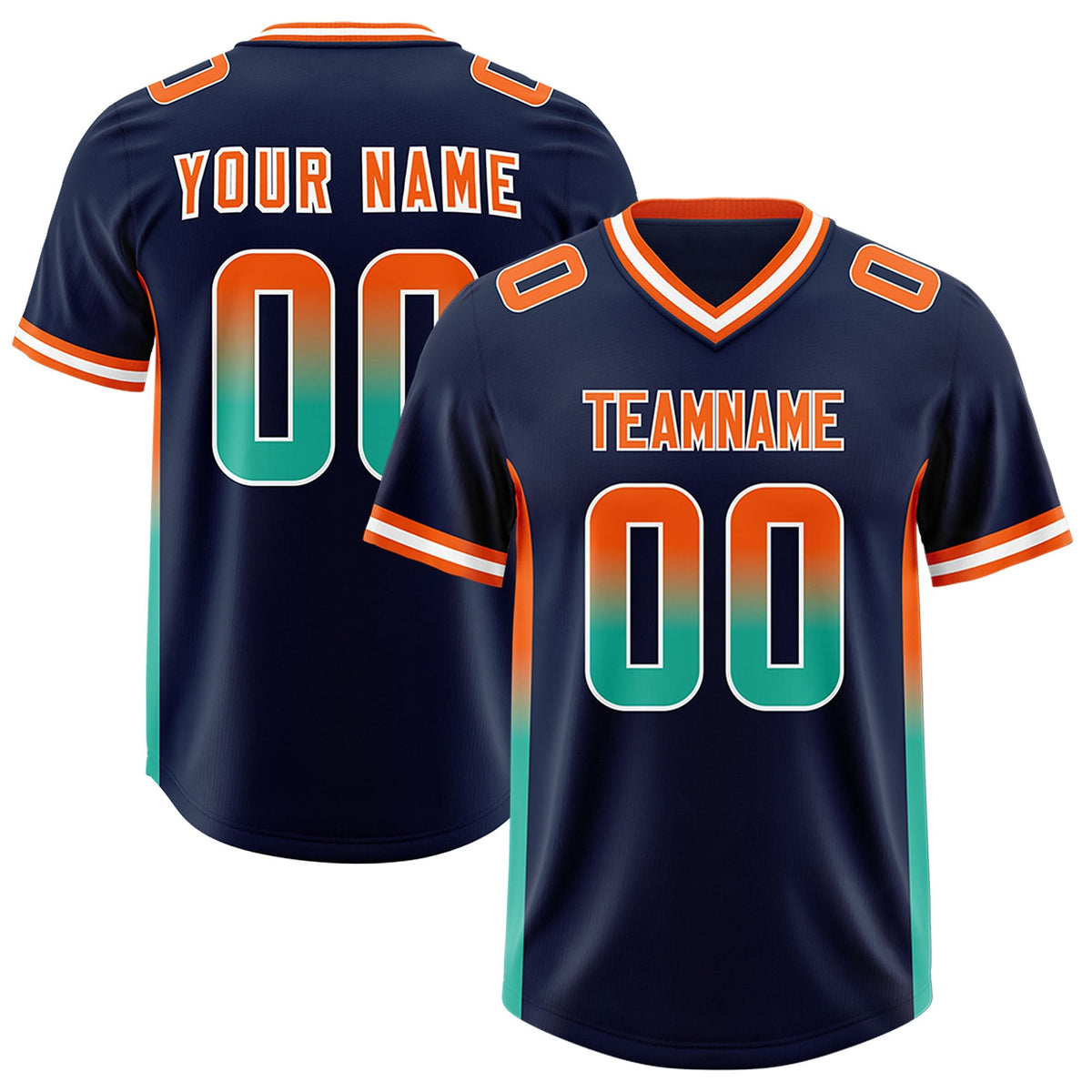 Custom Navy Orange and Bright Green Sides Gradient Fashion Personalized Team American Football Jersey