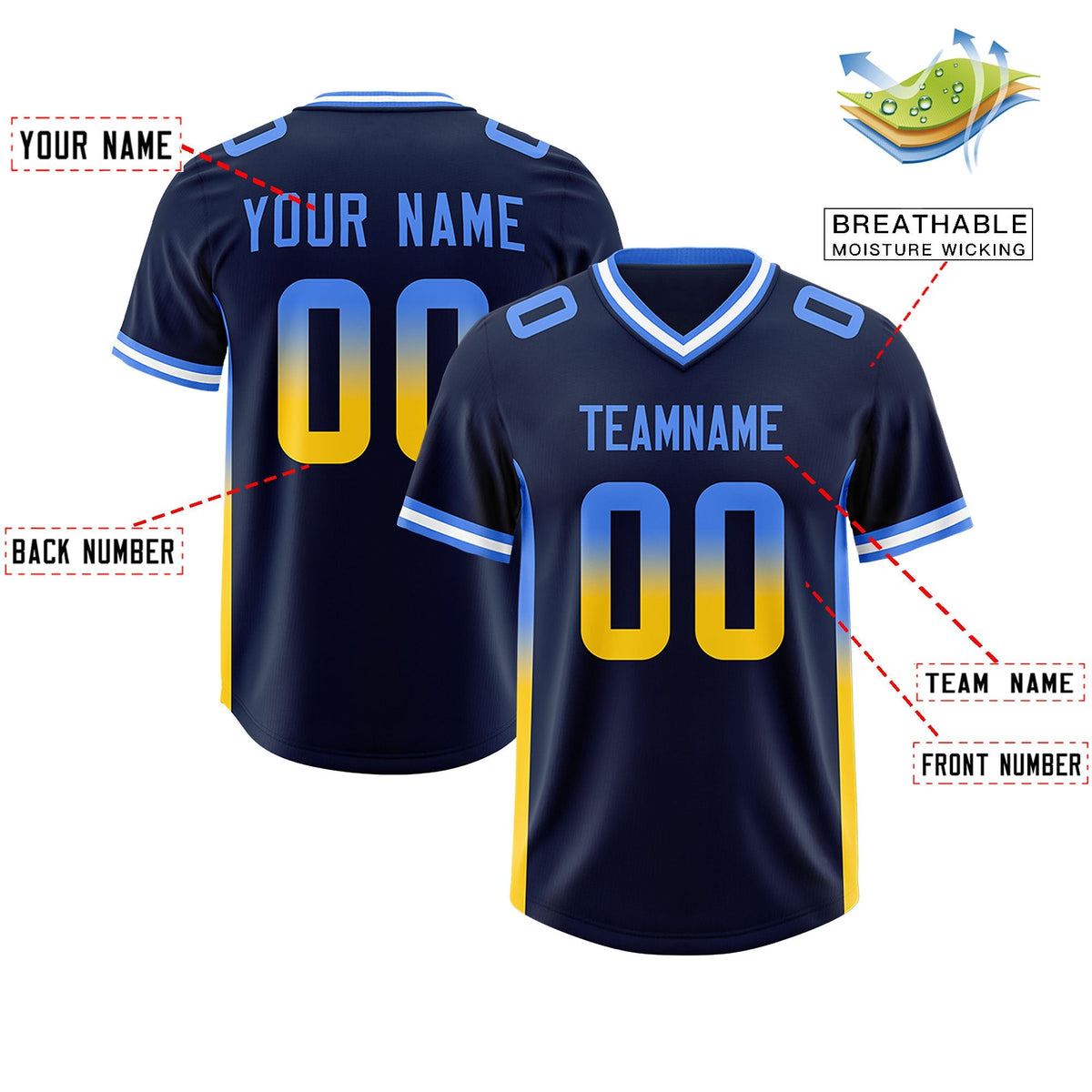 Custom Navy Powder Blue and Gold Sides Gradient Fashion Personalized Team American Football Jersey