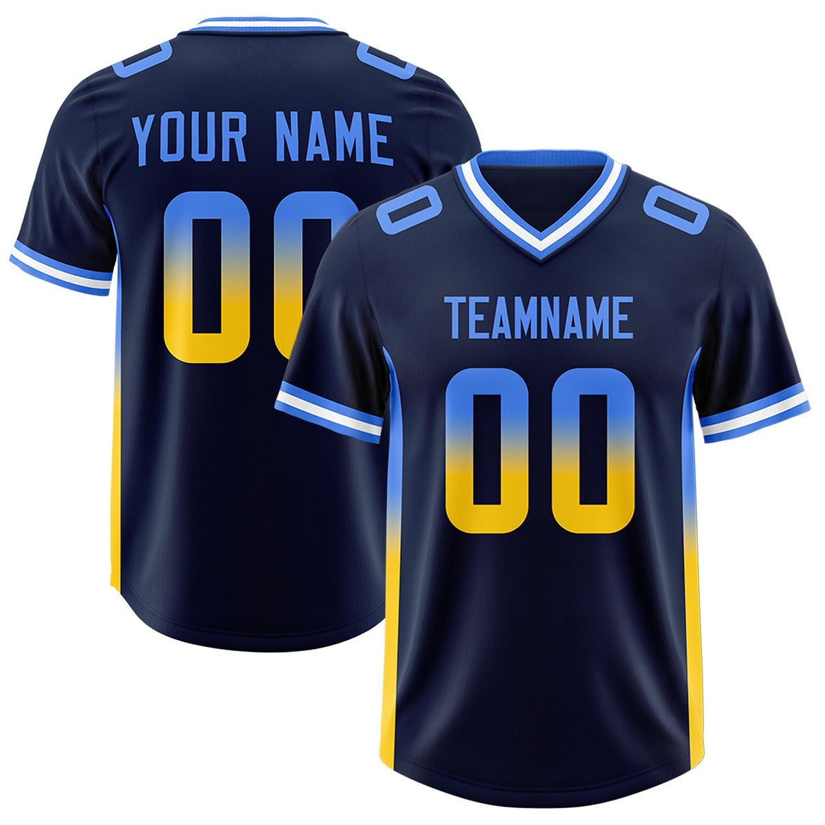 Custom Navy Powder Blue and Gold Sides Gradient Fashion Personalized Team American Football Jersey