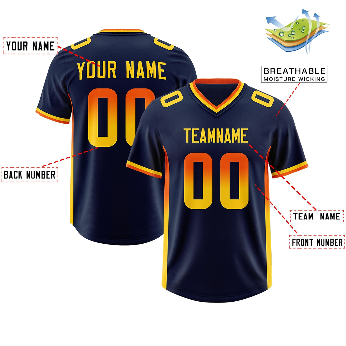 Custom Navy Orange and Gold Sides Gradient Fashion Personalized Team American Football Jersey