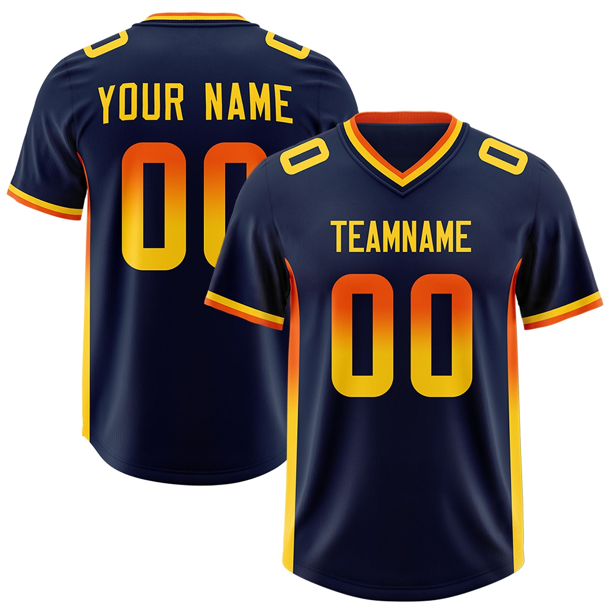 Custom Navy Orange and Gold Sides Gradient Fashion Personalized Team American Football Jersey