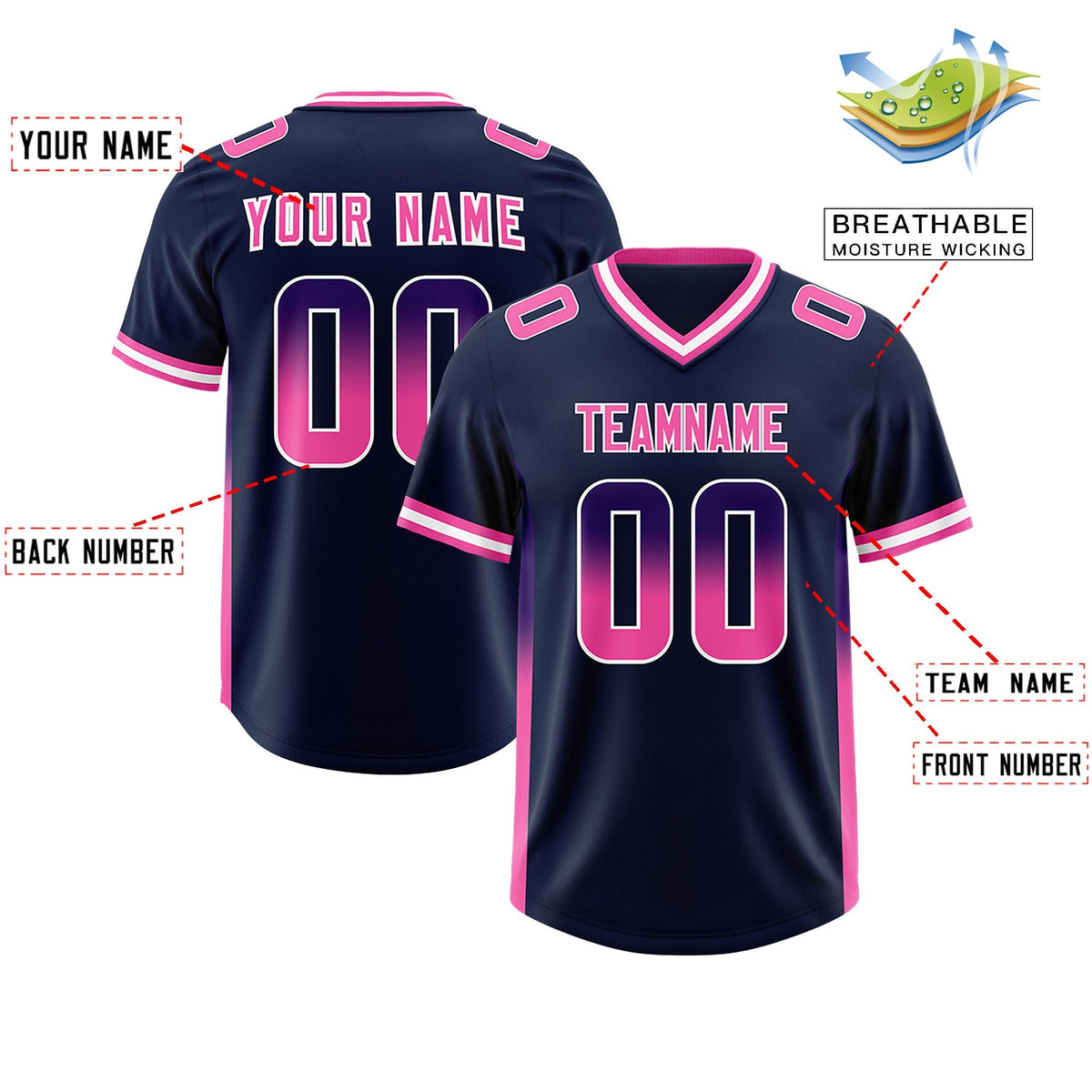 Custom Navy Purple and Pink Sides Gradient Fashion Personalized Team American Football Jersey